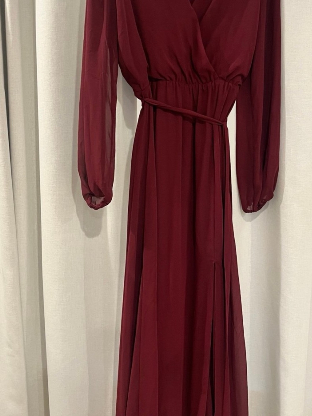 David's Bridal Long Sleeve Burgundy Wrap Maxi Dress